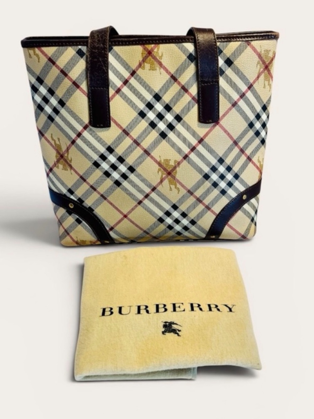 Authentic Burberry Nova Check Tote Shoulder Bag Beige Brown Leather